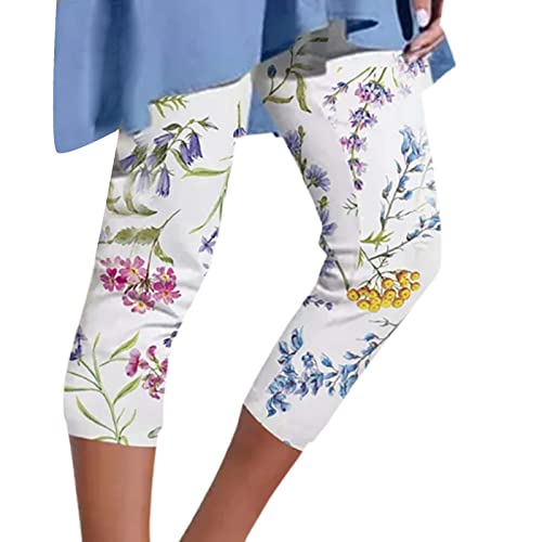 Generisch 3/4 Sporthose Damen High Waist Leggings Capri Blickdicht Yogahosen Bunte Blumen Jogginghose mit Taschen Laufhose Outdoor Freizeithose Damen Capri Yoga Leggings， Weiß， S von Generisch