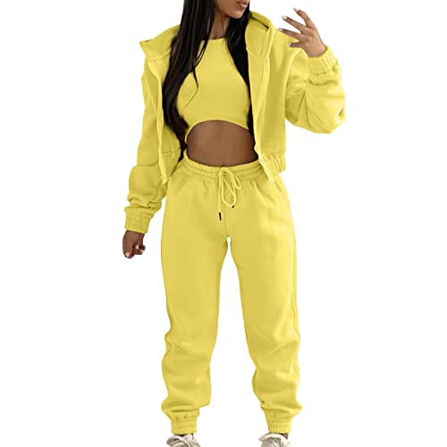 Generisch 3 Stücke Damen Jogginganzug Damen Langarm Kapuzenjacke + Crop Top + Jogginghose Mit Taschen Baggy Elegant Sportanzüge Yoga Outfit Kapuzenpullover Sporthose Set Freizeitanzug (A Yellow, M) von Generisch