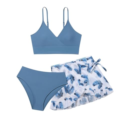 Generisch 3 Teilig Bikini Set für Mädchen Blumen Badeanzug mit Unterhemd Unterteile Skirt Teenager Strand Pool Schnelltrocknender Tankini Sets Sommer Badeanzüge Schwimmanzug (Dark Blue, 14-15 Years) von Generisch