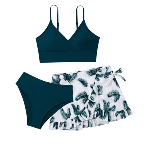 Generisch 3 Teilig Bikini Set für Mädchen Blumen Badeanzug mit Unterhemd Unterteile Skirt Teenager Strand Pool Schnelltrocknender Tankini Sets Sommer Badeanzüge Schwimmanzug (Navy, 16-17 Years) von Generisch