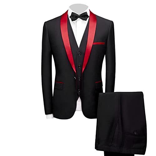 Generisch 3 Teiliger Slim Fit Anzug für Herren Einfarbige Blazer Sets mit Schalkragen und Einem Knopf Casual Party Hochzeit Jacke Weste Hosen Set (Schwarz 2,3XL) von Generisch