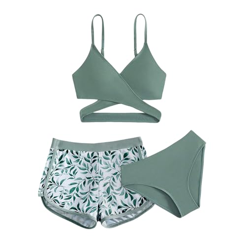 Generisch 3-Teiliges Bikini Set für Mädchen - Badeanzug Mit Top, Shorts und Slips - Teenager Badebekleidung Mit Blumenmuster für 6-18 Jahre von Generisch