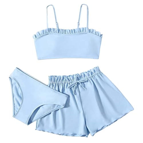 Generisch 3-teilige Kinder Einfarbig Badeanzug Mädchen Bikini Sets Bikinioberteil mit Triangel Bikinihose Und Kurz Shorts Teenager Badeanzüge mit Verstellbare Schultergurte Bademode Badebekleidung von Generisch