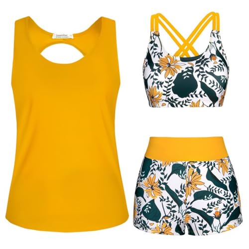 Generisch 3-teiliger Tankini Damen Bauchweg Bademode Set Tank Top mit Push-up-Bikinioberteil und High Waist Badeshorts Boho Einfache Badebekleidung Damen-Sport-Badeanzug für Schwimmbad Strand von Generisch