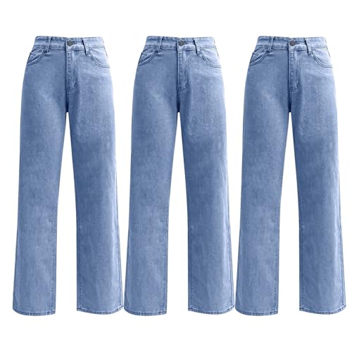 Generisch 3Er Pack Jeanshose Damen High Waist Denimhose Lockere Straight Leg Boyfriend Jeans Y2K Stretch Bequeme Freizeithose Mit Knopfleiste Taschen Damenjeans Große Größen Streetwear Waschung Jeans von Generisch