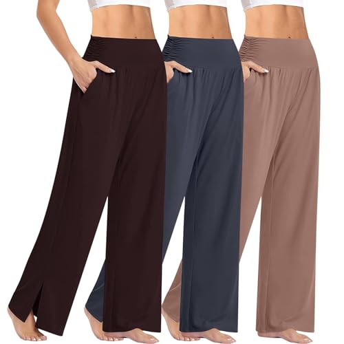 Generisch 3er Pack Jogginghose Damen Bequeme Split Saum Freizeithose Baggy Weites Bein Yogahose Leichte Loungewear Lässig Einfarbig Hausehose Freizeit Pyjama Sporthose mit Taschen von Generisch
