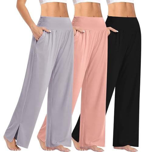 Generisch 3er Pack Jogginghose Damen Bequeme Split Saum Freizeithose Baggy Weites Bein Yogahose Leichte Loungewear Lässig Einfarbig Hausehose Freizeit Pyjama Sporthose mit Taschen von Generisch