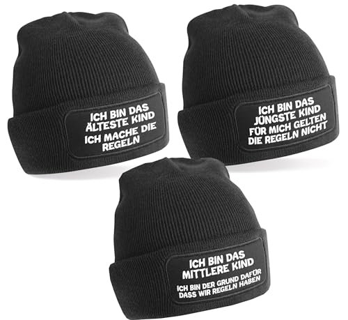 Generisch 3er Set Schwarze One Size Beanie, Mütze mit Spruch: Das Jüngste, Das Mittlere, Das Älteste Kind - Regeln der Familie von Generisch