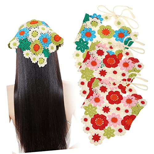 Generisch 3st Gehäkeltes Blumen-bandana-set Haarbänder Damen Schal Gehäkeltes Bandana Haarspange Mit Seidiger Satinschleife Haarschal Aus Seide Kopftuch Haarwickel Aus Seide Schals Baumwolle von Generisch
