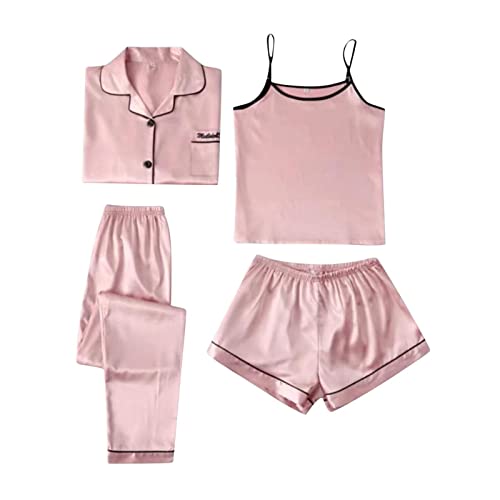 Generisch 4-teiliges Damen-Pyjama-Set aus Satin und Seide mit Langen Ärmeln und Knopfleiste Transparente Damen Blusen (C1-Pink, S) von Generisch