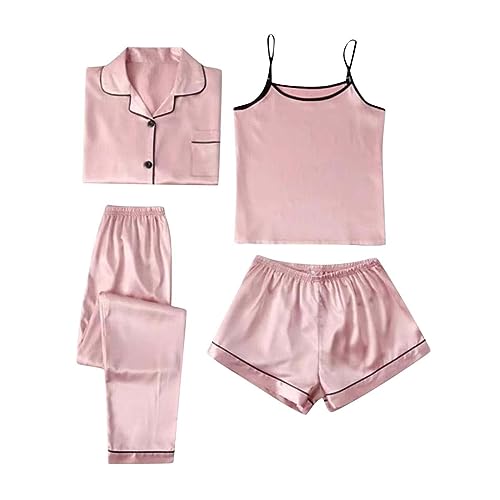 Generisch 4-teiliges Damen-Pyjama-Set aus Satin und Seide mit Langen Ärmeln und Knopfleiste Transparente Damen Blusen (Pink, M) von Generisch