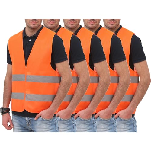 Generisch 5er Warnweste Herren Sommer Warnwesten Erwachsene Leichte Arbeitsweste Warnschutz Funktionsweste Reflektierende Weste Fahrrad Sicherheitsweste Reflektoren Kleidung Outdoor Orange von Generisch