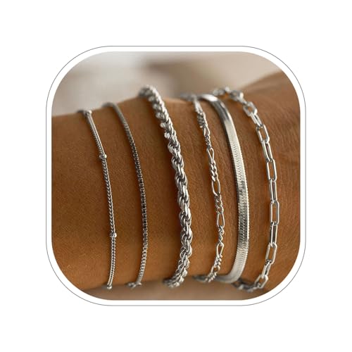 Generisch 6Pcs Armband Damen Edelstahl Ketten Armbänder, GoldSilber Verstellbare Stapelbare Kettenarmband set für Damen Mädchen Charm Armband Geburtstagsgeschenke von Generisch