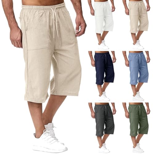 Generisch 7/8 Hose Herren,Kurze Hose Herren Leinen-Shorts 3/4 Länge Hosen Sommerhose Bermuda Sommer Dreiviertel Cargohose Herrenshorts Strand Yoga Jogger Casual Sweatpants Sporthose Mit Taschen von Generisch