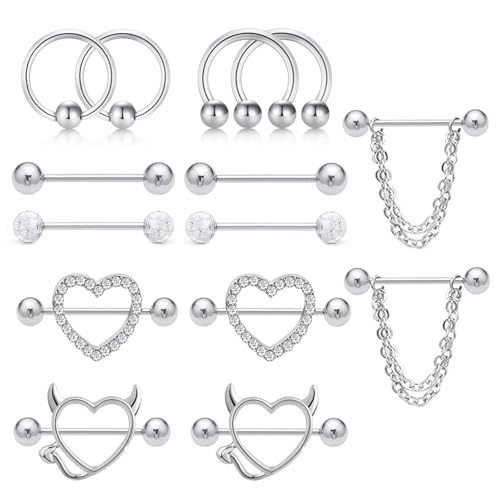 Generisch 7 Paar 14G Nippelpiercing für Damen, 316L Edelstahl Brustwarzenpiercing Silber CZ Herz Nipplerings Barbells Nipple Piercing Körper Piercing Schmuck für Damen Frauen von Generisch