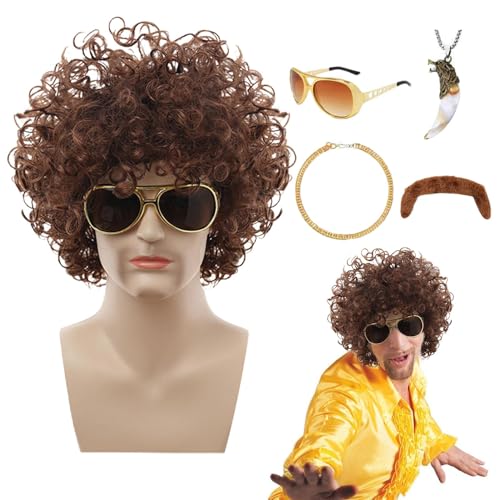 Generisch 70er-Jahre-Kostümperücke für Herren, 70er-Jahre-Disco-Perücke für Herren | 5-teiliges Disco-Zubehör-Kostüm-Set,Komplett mit Perücke, Schnurrbart, Hip-Hop-Kette, Sonnenbrille, Halskette und von Generisch