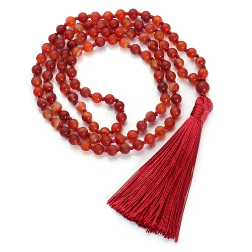 Generisch 8 Mm Rote Achat-Kristall-Halskette für Damen Und Herren|108 Mala-Gebetsperlen-Wickelarmband mit Quaste,Chork,Amulett,Schmuck,Geschenke,Roter Achat von Generisch
