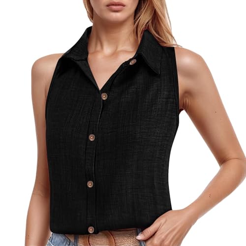 Generisch Ärmellos Hemd Damen Elegant Tank Top mit Knöpfen Kragen V-Ausschnitt Leinenhemd Basic Blusenshirt Blusentops Arbeit Büro Stretch Formelle Casual Blusen für Frauen(Schwarz, S) von Generisch