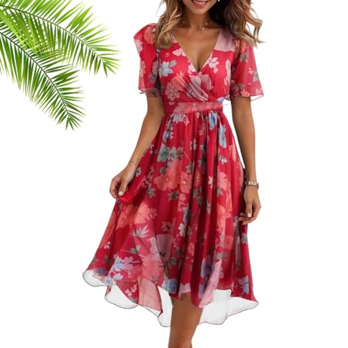 Generisch Abendkleider Damen Lang Chiffon V-Ausschnitt Cocktailkleid, 2025 Summer Elegant Kleid Knielang Tunika Bindegürtel Hohe Taille Kleider Dress for Women Freizeitkleid Sommerkleid (07,3XL) von Generisch