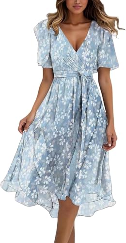 Generisch Abendkleider Damen Lang Elegant Chiffon Kleid Elegant Damen Festlich Cocktailkleid Summer Kleid Knielang Tunika Bindegürtel Hohe Taille Kleider Summer Dress (06 Light Blue,M) von Generisch