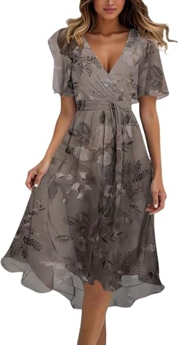 Generisch Abendkleider Damen Lang Elegant Chiffon Kleid Elegant Damen Festlich Cocktailkleid Summer Kleid Knielang Tunika Bindegürtel Hohe Taille Kleider Summer Dress (09 Rose Gold,M) von Generisch
