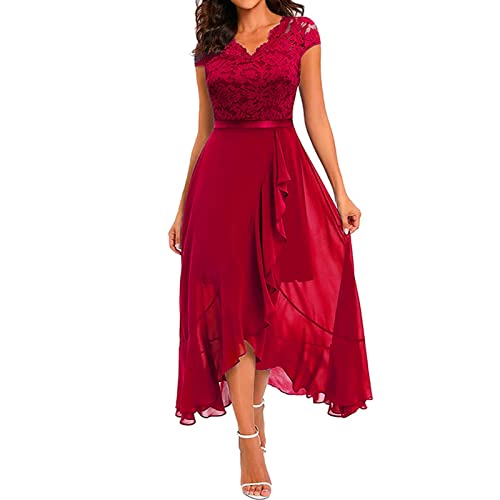 Generisch Abendkleider Elegant für Hochzeit, Kleid Hochzeitsgast Damen Lang Chiffon Spitze Cocktailkleid Kurzarm V-Ausschnitt Abendkleid Rüschenkleid Festliche Hochzeit Gast Maxikleid Partykleid von Generisch