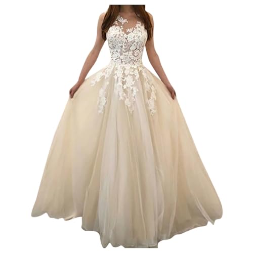 Generisch Abendkleider Elegant für Hochzeit Lang Chiffon Spitzen Abendkleid Hochzeitskleid Mesh Ärmellos V-Ausschnitt Maxikleid Bodenlang Festliche Hochzeit Brautjungfernkleider Spitzenkleid von Generisch