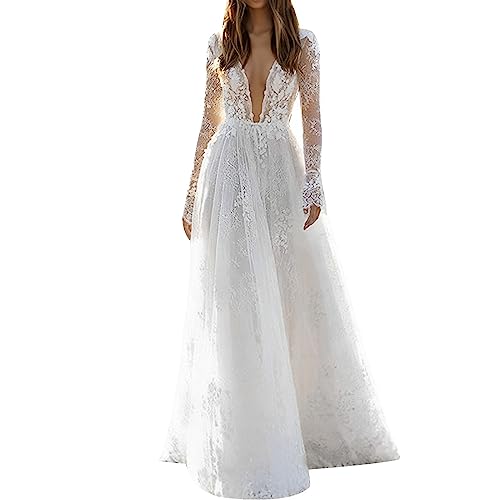 Generisch Abendkleider Lang Mit Ärmeln Damen Elegant Festliche Hochzeit Knielang Ballkleid Wickelkleid Lang Cocktailkleid Partykleid 02 Weiß M von Generisch