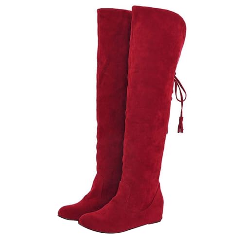 Generisch Above Knee Boots Damen Weite,Damenstiefel Mit Weiter Wade,Einfarbige Flach Winter Warm Fleece Frosted Boots with Elevated Round Toe rutschfeste Winterstiefel von Generisch