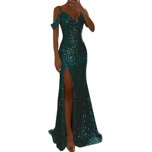 Generisch Abschlusskleider lang Damen Pailletten Abendkleid Sexy Schulterfrei Hohe Taille Seitenschlitz Lang Kleid Maxikleid Elegant V-Ausschnitt Cocktailkleid Ballkleider von Generisch