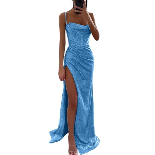 Generisch Abschlusskleider lang Damen Pailletten Abendkleid Sexy Schulterfrei Hohe Taille Seitenschlitz Lang Kleid Maxikleid Elegant V-Ausschnitt Cocktailkleid Ballkleider von Generisch