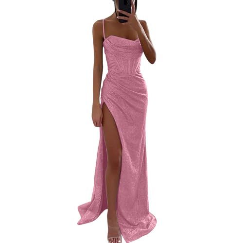 Generisch Abschlusskleider lang Damen Pailletten Abendkleid Sexy Schulterfrei Hohe Taille Seitenschlitz Lang Kleid Maxikleid Elegant V-Ausschnitt Cocktailkleid Ballkleider von Generisch