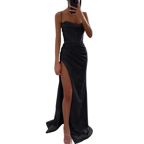 Generisch Abschlusskleider lang Damen Pailletten Abendkleid Sexy Schulterfrei Hohe Taille Seitenschlitz Lang Kleid Maxikleid Elegant V-Ausschnitt Cocktailkleid Ballkleider von Generisch