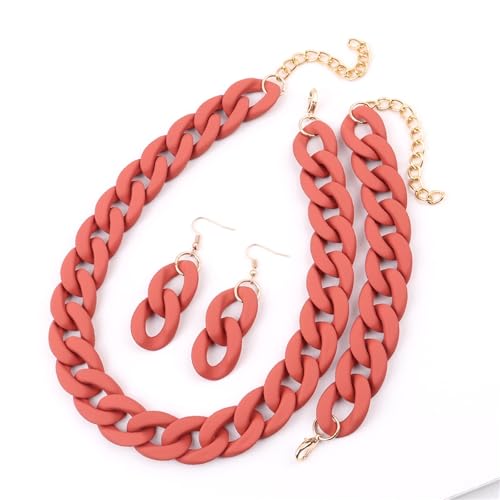 Acryl Link Kette Halsband Halskette für Frauen Bohemain Matte Bunte Aussage Ohrringe Armband Halsketten Sets(Rusty Red) von Generisch