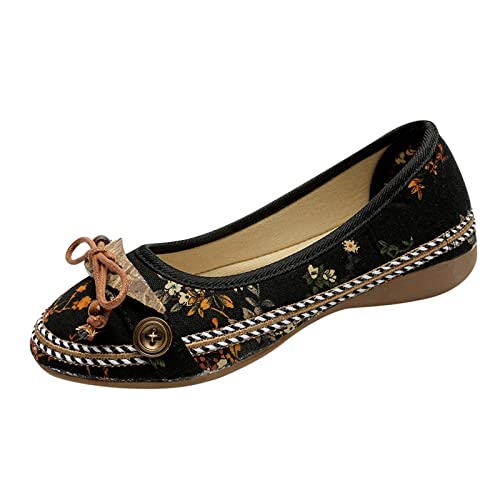 Generisch Aktuelle Damenschuhe Freizeitschuhe Ethnische Druck Baumwolle Flach Schuhe Frühling Knoten Stil Damenbequeme Alltagsschuhe (Black, 38) von Generisch