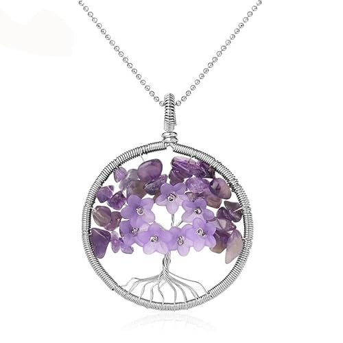 Generisch Amethyst-Kristall-Halskette für Frauen,Lebensbaum-Anhänger mit Silberkette,Meditationsenergie,Silberfarben,Drahtwickel-Amulett,Schmuck,Geschenke für Mädchen,Geburtstag,Weihnachten,Amethyst von Generisch