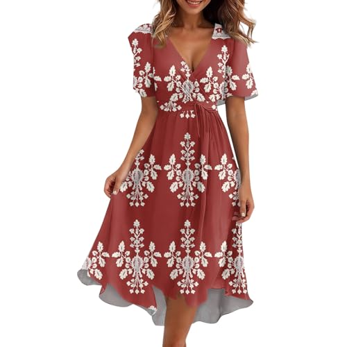 Generisch Angebote Abendkleider Elegant Für Hochzeit Sommerkleider Damen Leicht Und Luftig Kurzarm V-Ausschnitt Kleider Sommerkleid Strand Etuikleid Bademode Lange Schwarzes Kleid Sexy (F Rot,L) von Generisch