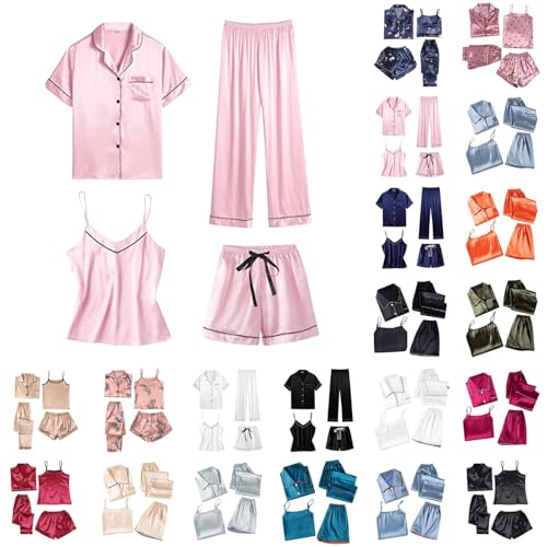 Generisch Angebote des Tages Heute, Schlafanzug Damen 4er Set Kurz Ärmellos Hausanzug Pyjama Set Mit Spaghettiträger Schlafshirt Und Schlafhose Frauen Nachtwäsche Hausanzug, Black-Friday-Angebote von Generisch