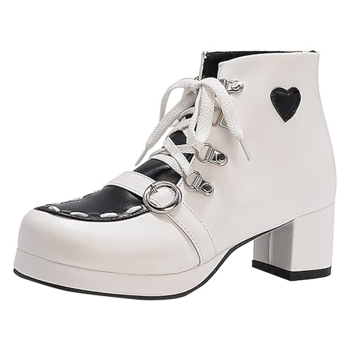 Generisch Ankle Boots Damen Chunky Blockabsatz Niedrige Kitten Absatz Heel Eckige Zehenkappe Stiefeletten Schnüren Schnürung Reißverschluss Stiefel von Generisch