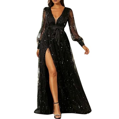 Generisch Anstecknadel Damen Damen-Cocktailkleid im Pailletten-Stil, tiefer V-Ausschnitt, mittlere Taille, Neckholder, Bankett-Perlenkleid Hohe Schuhe Damen Dicker Absatz (Black, L) von Generisch