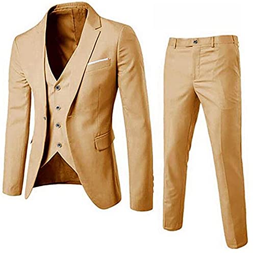Generisch Anzug Blau Herren Hochzeitsanzug 3 Teilig Elegant Hochzeit Rentier Lederblazer Tweed Blazer Beige M von Generisch