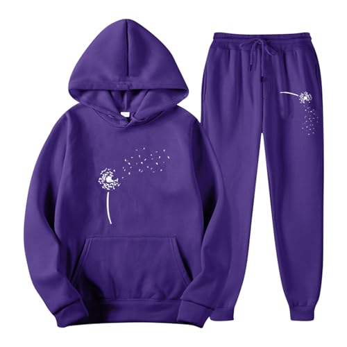 Generisch Anzug Damen Elegant 2 Teiler, Jogginganzug Set Zweiteiler Sport Outfit Trainingsanzug Hoodie Jogger Set Für Running, Yoga, Gym Matching Set Strick Kleidung Set Sport (M, Lila) von Generisch