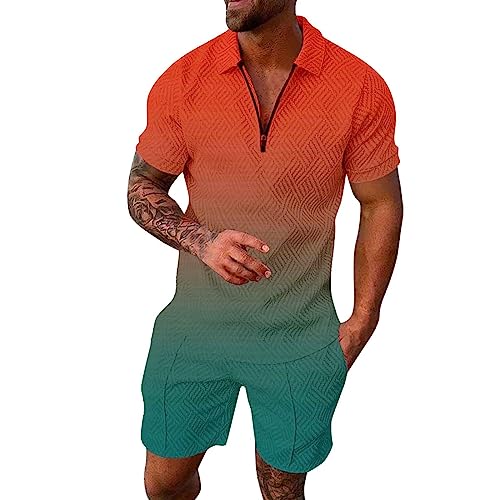 Generisch Anzug Herren Sportswear Print Farbe Kurzarm Zip Shirt Shorts Set Sommer Lässige Streetwear Anzüge Western Gürtelschnalle Trainingsanzug Herren 4Xl Kurze Jogging Set Herren von Generisch