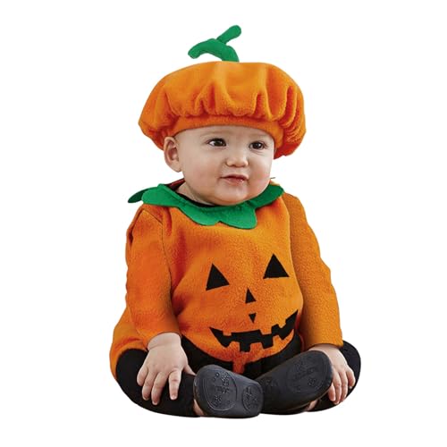 Generisch Anzug Kleinkinder Jungen Kleinkind Baby Mädchen Jungen Halloween Kürbis Weiche Fleece Langarm Tops Sets Hut 2PCS Set Kostüme Cosplay Jungs Klamotten (Orange, 3-6 Months) von Generisch