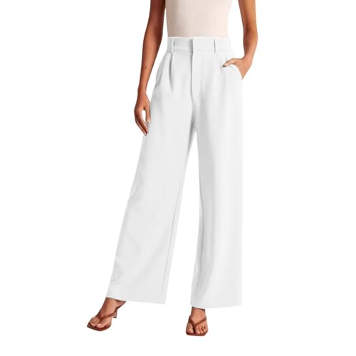Generisch Anzughose Damen Elegant Sommer Hose Locker Palazzo Stoffhose Sommerhosen Einfarbig Weite Business Hosen Freizeithose Lässig Locker Leichte Dehnbar Lounge Hose (White, M) von Generisch
