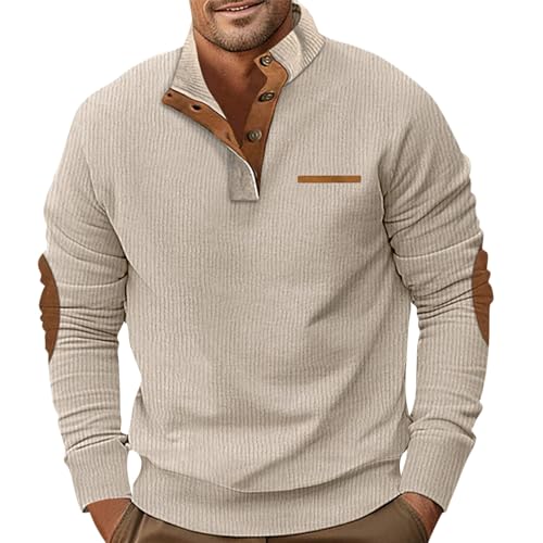 Generisch Arbeitspullover Herren, Sweatshirt Ohne Kapuze Henley Pullover Herren Das Stehkragen-Sweatshirt Outdoor Freizeitpullover Mit Polova Pullover Männer Baumwolle Clothes Pullover (L, Beige) von Generisch