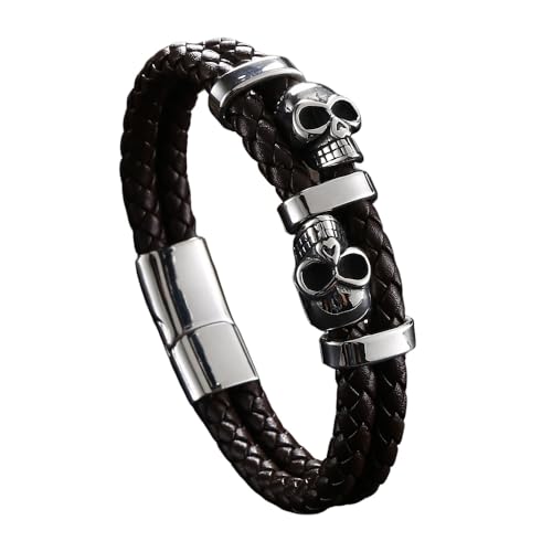Generisch Armband Herren Leder, Doppellagiges Leder Wickelarmband Für Männer, Magnetverschluss, Handgefertigter Totenkopf Armreif Mit Beutel, Punkrock Halloween Schmuck, Geschenke Für Freund Und von Generisch