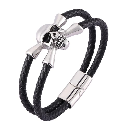 Generisch Armband Herren Leder, Doppellagiges Leder Wickelarmband Für Männer, Magnetverschluss, Handgefertigtes Manschettenarmband Mit Totenkopf Anhänger, Vintage Halloween Schmuck Für Freund Un von Generisch