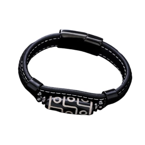 Generisch Armband Herren Leder, Dzi Perlen Tibetisches Armband Magnetverschluss Lederarmband Meditationsamulett Paare Neun Augen Dzi Perlenarmreif Glücksbringer Schmuck Für Frauen Männer Schwarz von Generisch
