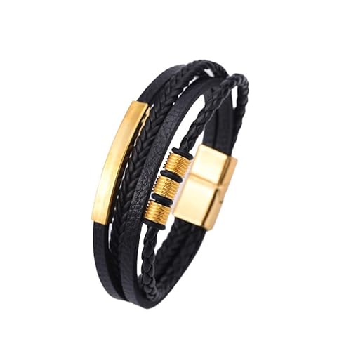 Generisch Armband Herren Leder, Herren-Armband Aus Echtem Leder Mit Magnetverschluss, Mehrlagig, Geflochtenes Seil, Manschettenarmreif, Schwarz, Handgefertigter Schmuck Mit Beutel, Geschenke von Generisch